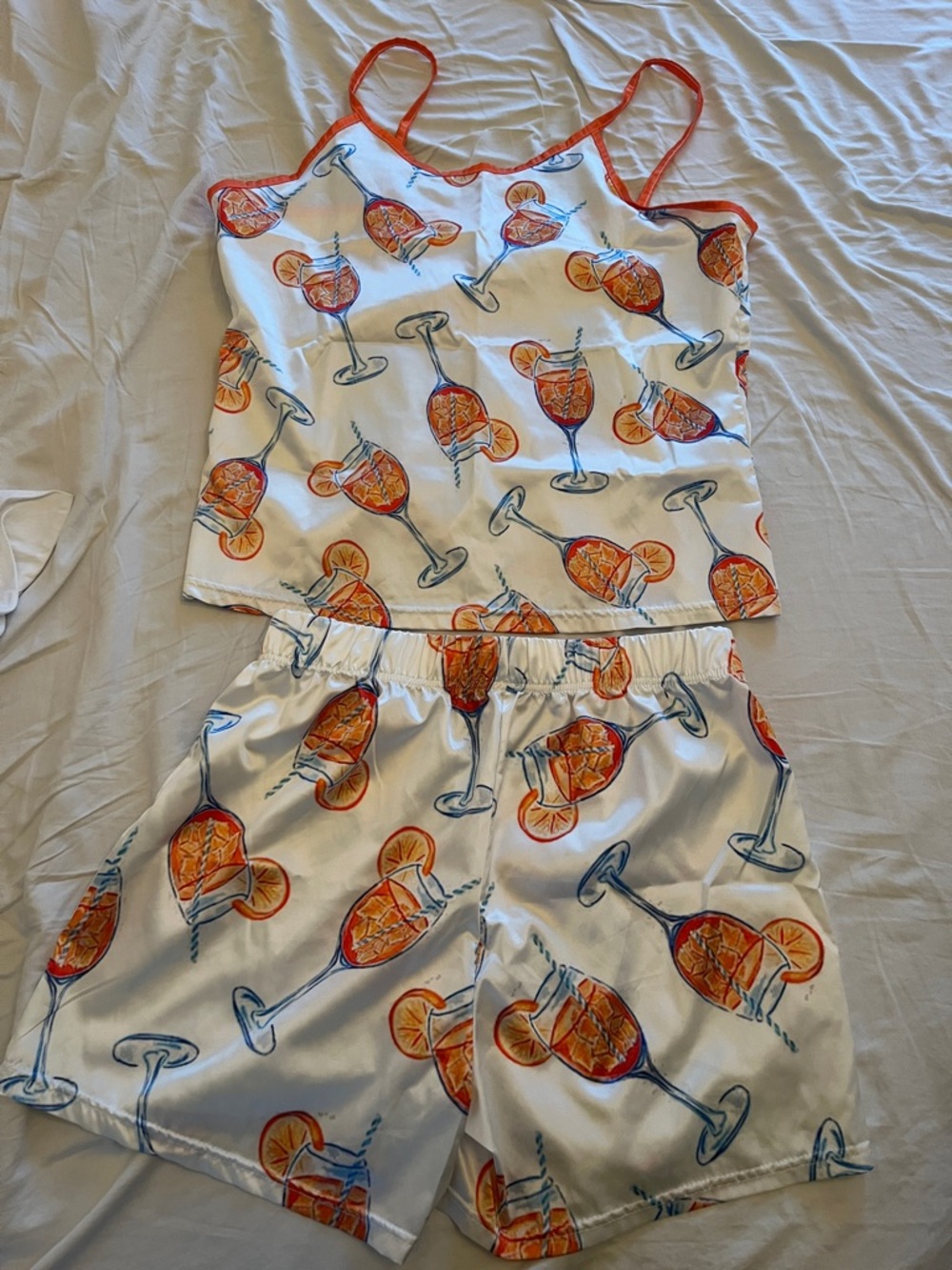 Women’s White Satin Pajama Set with Orange Cocktail Print
